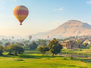 Naklejka premium Hot air balloons over a scenic landscape with mountains and a river.