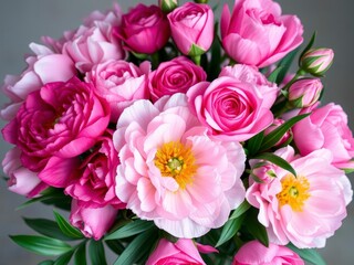 Fototapeta premium A vibrant bunch of pink peonies and roses with empty space for text, bunch, vibrant, fresh
