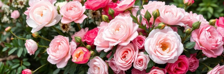 Fototapeta premium A vibrant bouquet of pink peonies and roses with space for text, blooming, garden, roses