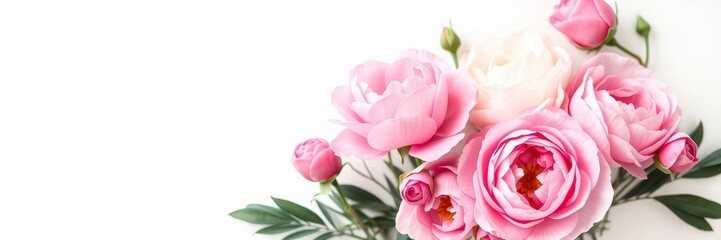 Fototapeta premium Beautiful arrangement of pink peonies and roses on a white background with space for text, white background, roses, pink