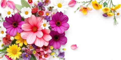 Colorful spring flowers in full bloom, arranged beautifully on a white paper background, decoration, paper, vibrant