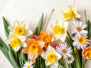 Obraz premium Colorful spring flowers such as daffodils, tulips, and daisies, arranged beautifully on a soft pastel paper background, blooming, spring