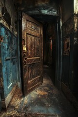 Obraz premium Opened door reveals dark, fire-damaged hallway.