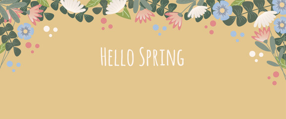 Hello spring flowers cute banner, Hello spring pastel cute banner, hello spring background blossom banner