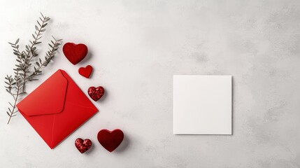 Red envelope, hearts, blank card, grey background.
