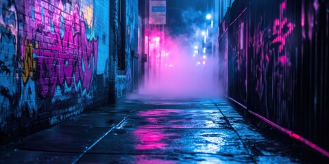Cyberpunk alley with graffiti, dimly lit by neon pink and blue lights, fog creeping along the ground, rainy night