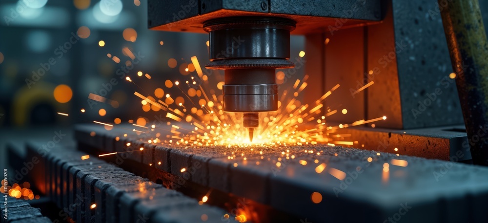 Leinwandbilder industrial cnc machine tool drills metal. sparks fly from precise metalwork process. automated machi