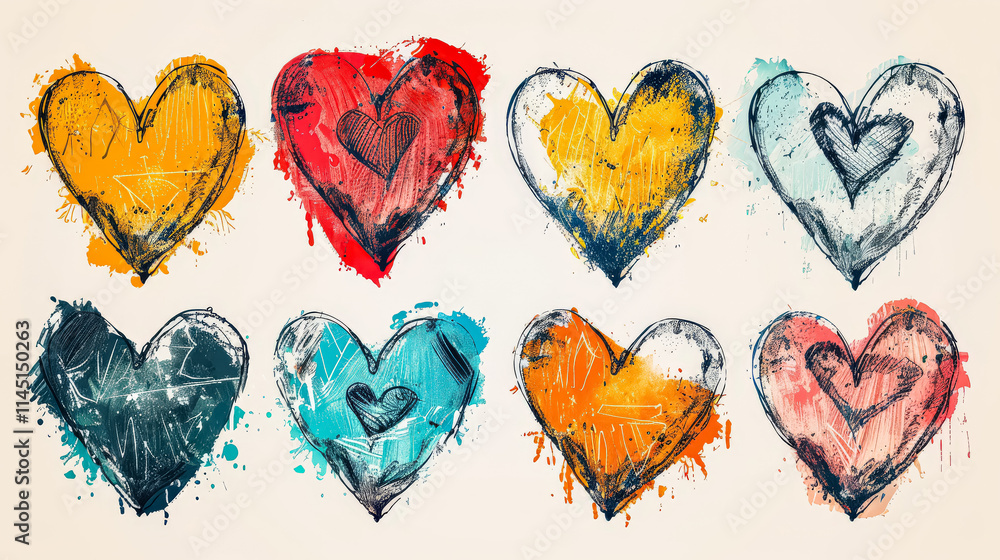 Poster set of hearts with different colors and sizes. the hearts are drawn in a crayon style, giving them a