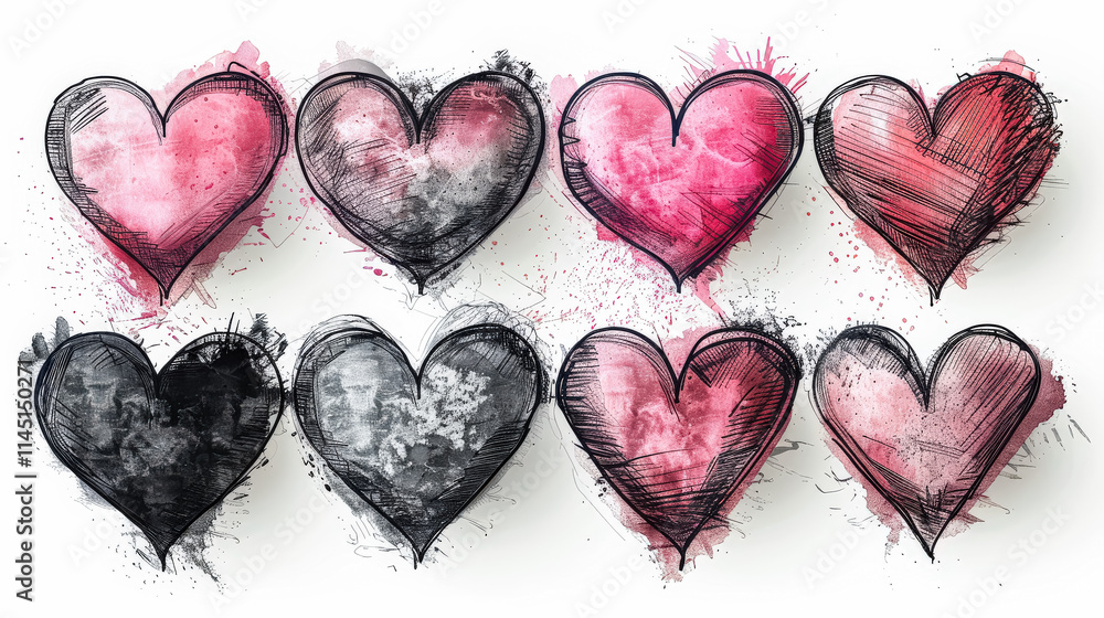 Poster set of hearts with different colors and sizes. the hearts are drawn in a crayon style, giving them a