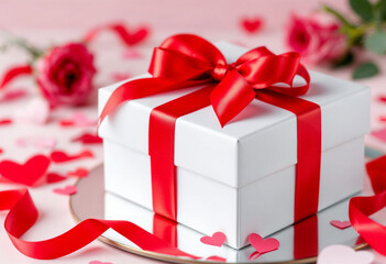 Obraz premium Gift box with red ribbon and roses on a mirror