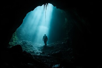 Fototapeta premium Silhouetted figure walks towards light in dark cave.
