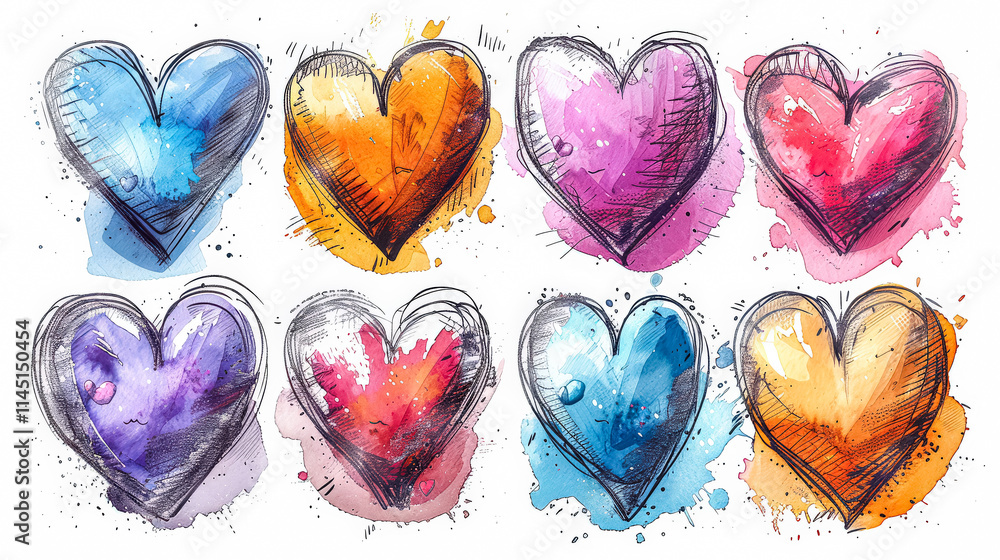 Poster set of hearts with different colors and sizes. the hearts are drawn in a crayon style, giving them a