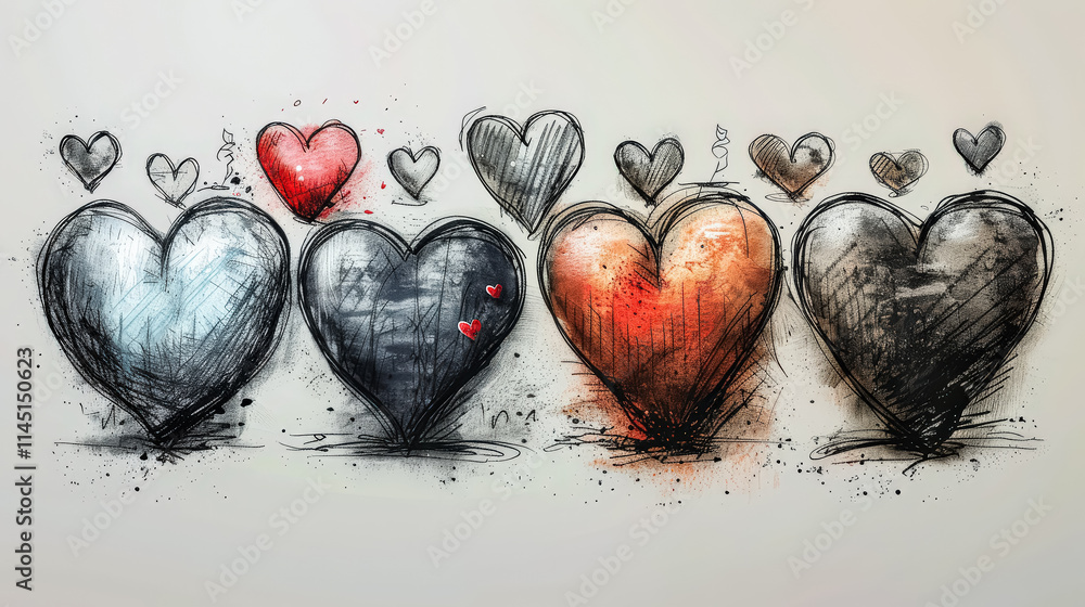 Poster series of hearts are drawn in different colors and sizes. concept of love and unity, as the hearts a