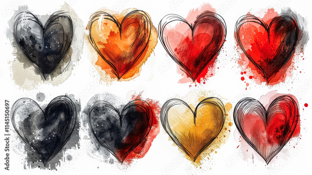 Poster set of hearts with different colors and sizes. the hearts are drawn in a crayon style, giving them a