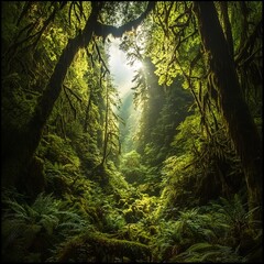 Lush green forest with sunlight filtering through trees, creating a serene atmosphere.