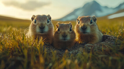 A family of prairie dogs peeking out from their burrows in a sunlit grassland, their curious faces framed by the tall green grass. The distant mountains are shrouded in haze."