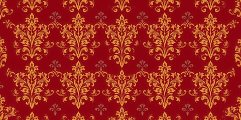 Fototapeta premium Elegant seamless damask wallpaper design in rich gold and burgundy tones, seamless, textile, burgundy