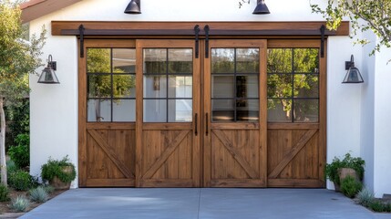 Modern farmhouse style sliding barn doors on white stucco garage.