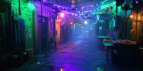Dark, foggy alley in a cyberpunk city, illuminated by neon green and purple lights, futuristic street vendors, wet asphalt