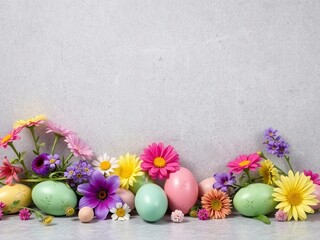 Easter decoration with colorful eggs and spring flowers on grey concrete background, backdrop, flowers