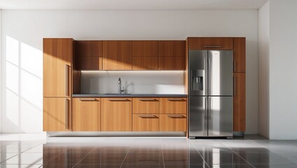 A Sleek Modern Kitchen with Warm Honey-Brown Tones, Featuring Polished Surfaces, State-of-the-Art Appliances, and Elegant Lighting, Creating a Cozy yet Contemporary Culinary Space