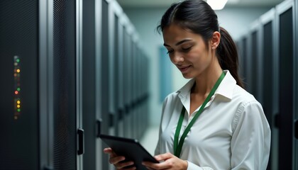Indian specialist examines server racks in data center. Woman uses tablet for tech work. Modern tech specialist in tech center. Data center worker looks at servers. pro checks servers using device.