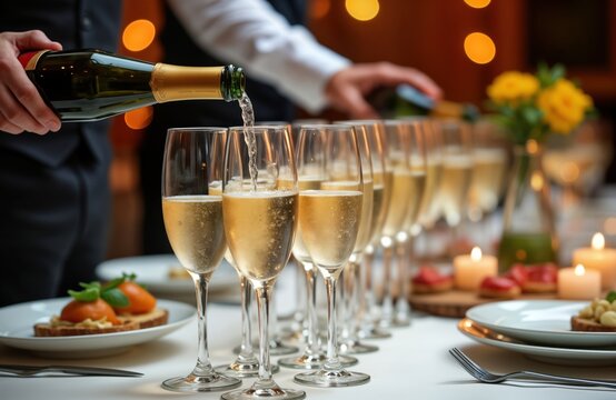 Waiter pours champagne into glasses at restaurant. Celebration banquet. Many champagne glasses on table. Romantic, festive event. Special occasion. Luxurious service, catering. Champagne flowing.