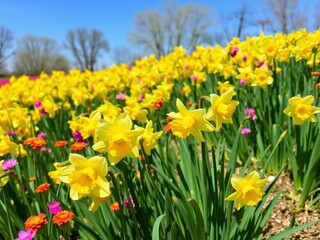 Fototapeta premium Field of vibrant yellow daffodil flowers blooming under the clear blue sky, colorful, vibrant, sunny day