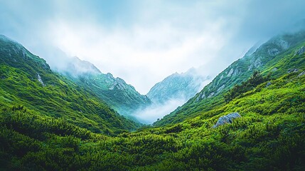 Fototapeta premium Lush green valley surrounded by mountains and misty clouds.