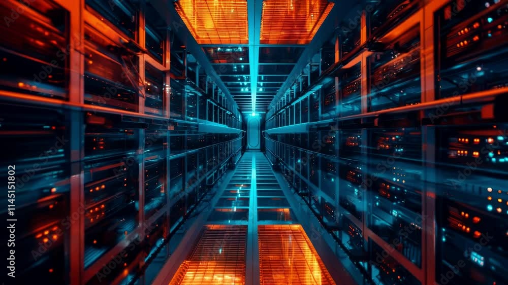 Poster this fascinating environment showcases a high-tech data center filled with rows of servers illuminat