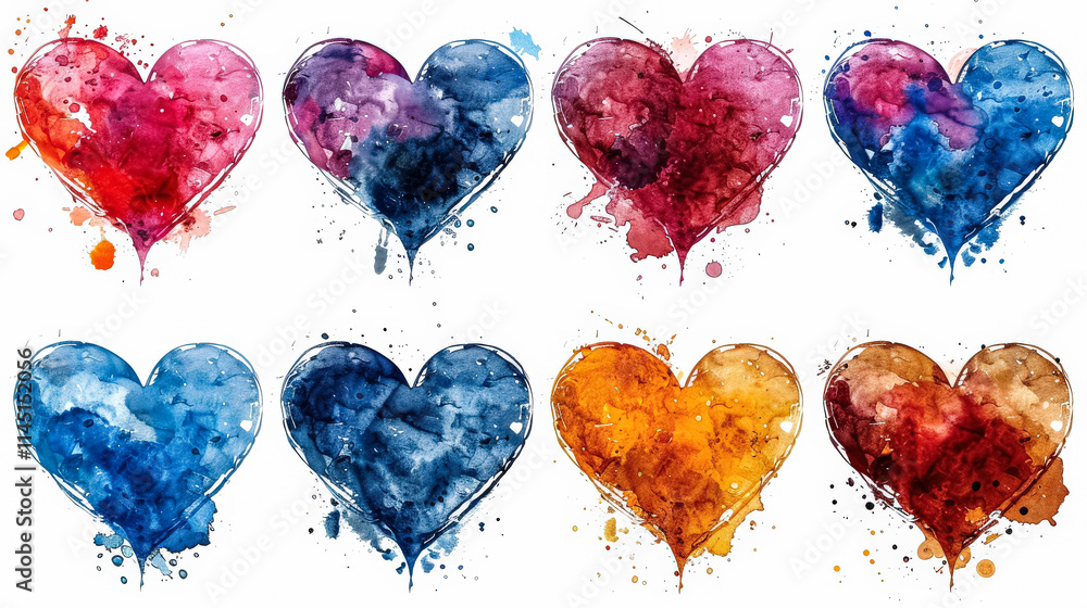 Aufkleber set of watercolor hearts in various colors. the hearts are arranged in a row, with some overlapping 