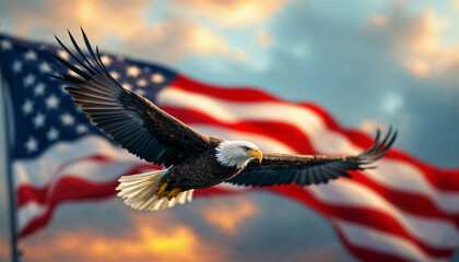 Majestic bald eagle soaring against a backdrop of waving American flags at sunset
