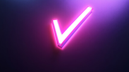 Neon check mark glowing in purple light