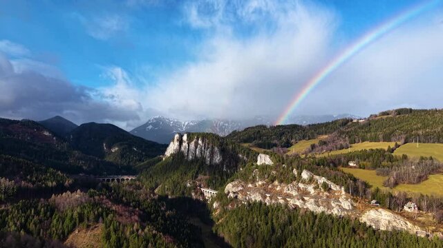 Drone footage of the Semmering railway in early December landscape, Austria, Europe. The landscape on former 20 schilling note bill.