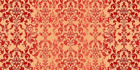 Elegant red damask pattern with intricate swirls and floral motifs, fabric, background