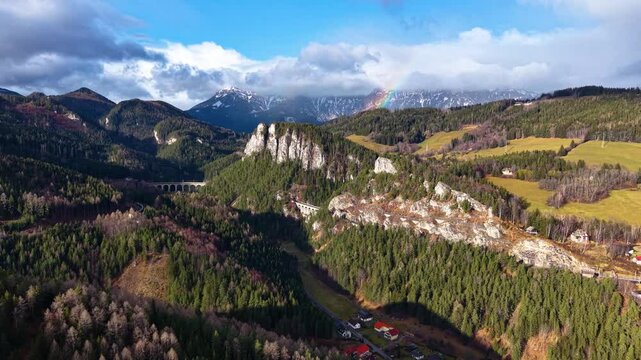 Rainy landscape of Semmering railway in early December landscape, Austria, Europe. The landscape on former 20 schilling note bill.