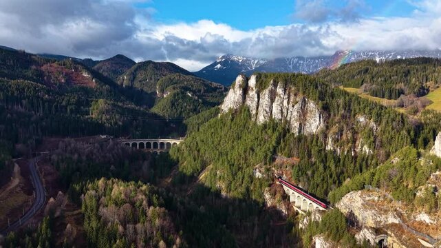 Rainy landscape of Semmering railway in early December landscape, Austria, Europe. The landscape on former 20 schilling note bill.