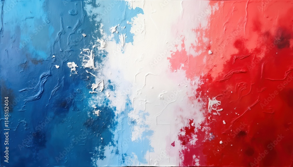 Poster abstract art piece uses red blue, white colors. oil paint texture on canvas creates dynamic visual e