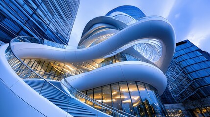 Futuristic architecture, swirling glass building, modern design.