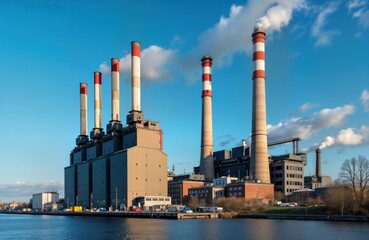 Obraz premium Large steam power plant stands by river in Karlsruhe Germany. Industrial structure generates electricity, heat from coal. Tall chimneys release smoke into clear sky. Modern tech used for power