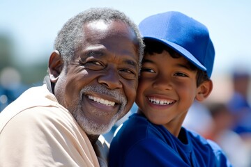 African American grandfather and grandson at baseball game. Enjoying the match.
