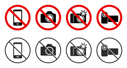 No photography allowed. Do not take pictures with flash. Video recording is prohibited. Restrictive signs with camera icons. Vector clipart