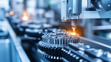 Factory machine in operation sparks flying from the cutting tool