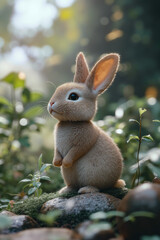 A small brown rabbit sitting on top of a rock in the woods