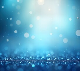 Blue abstract background with bokeh, glitter. Festive design. Suitable for Christmas Valentine Day themes. Soft light, stars add touch of magic. Ideal for holiday cards invitations. Elegant, charming
