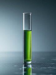 A test tube filled with green liquid on a table.