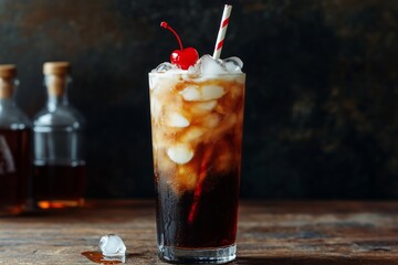 tall glass of dirty soda with swirls of cream blending into a dark cola base, topped with crushed ice and a maraschino cherry, served with a striped straw