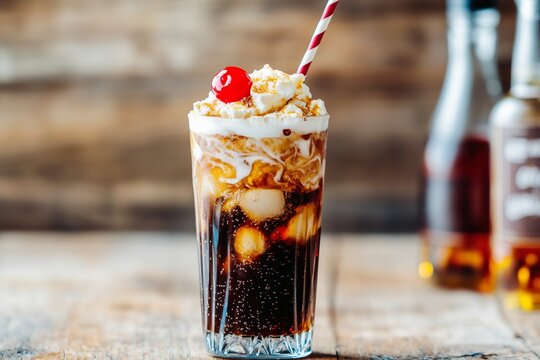 tall glass of dirty soda with swirls of cream blending into a dark cola base, topped with crushed ice and a maraschino cherry, served with a striped straw