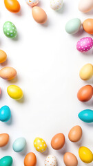 Obraz premium Bright and colorful Easter eggs on a white background with space for text. Perfect for festive and holiday-themed designs