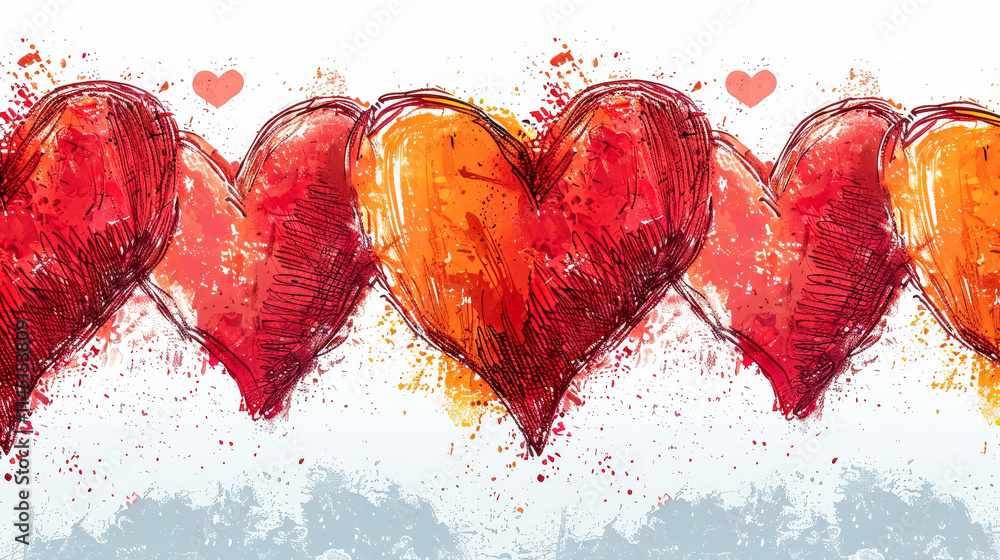 Poster series of hearts are drawn in red and orange with a splash of white. the hearts are arranged in a ro
